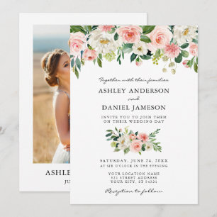 Watercolor Pink Blush Floral Photo Wedding Invitation
