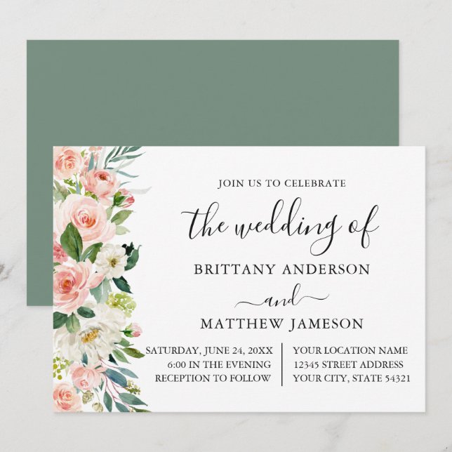Watercolor Pink Blush Floral Sage Green Wedding  Invitation (Front/Back)