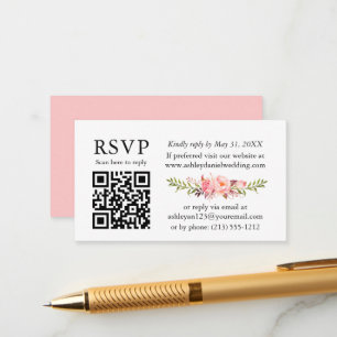 Watercolor Pink Blush Floral Wedding RSVP QR Enclosure Card