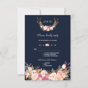 Watercolor Pink Blush Flowers Antlers Wedding RSVP Card
