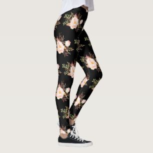 Watercolor Pink Blush Flowers Black Pattern Leggings