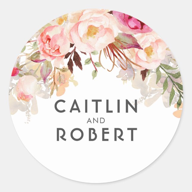 Watercolor Pink Blush Flowers Classic Round Sticker (Front)
