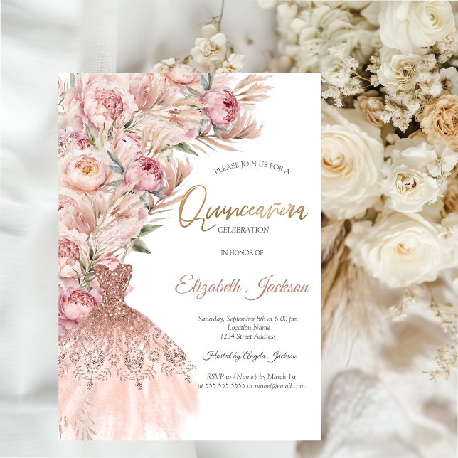 Watercolor Pink Blush Flowers Dress Quinceanera Invitation (Creator Uploaded)