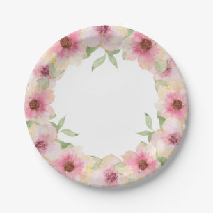 Watercolor Pink Blush Flowers Paper Plate