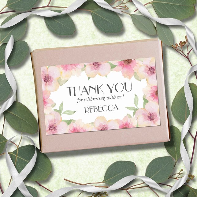 Watercolor Pink Blush Flowers Sticker (4.5" x 2.7" rectangle stickers with yellow and pink blush flowers, thank you and your name)