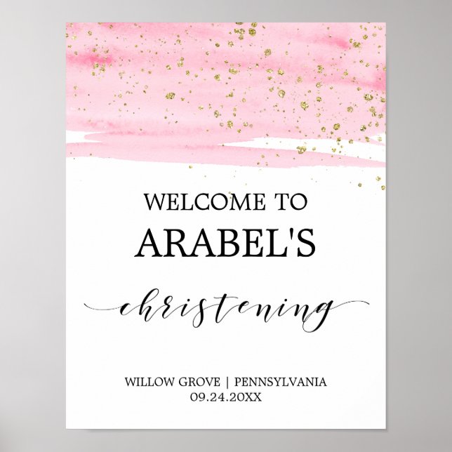 Watercolor Pink Blush & Gold Christening Welcome Poster (Front)
