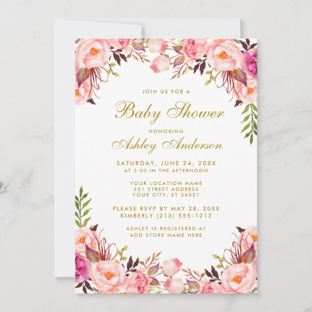 Watercolor Pink Blush Gold Floral Baby Shower Invitation (Front)