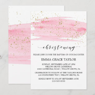 Watercolor Pink Blush & Gold Sparkle Christening Invitation