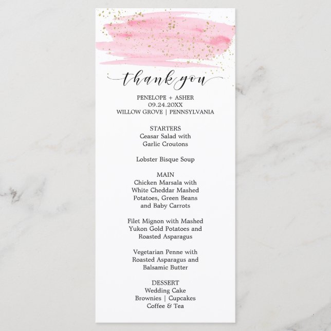 Watercolor Pink Blush & Gold Thank You Menu (Front)