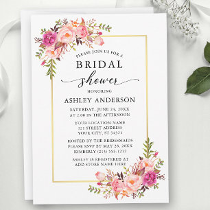 Watercolor Pink Blush Roses Floral Bridal Shower Invitation