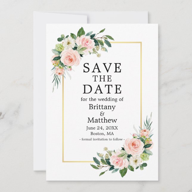 Watercolor Pink Blush Roses Gold Frame Save The Date (Front)