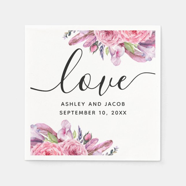Watercolor pink boho floral and feathers wedding napkin (Front)