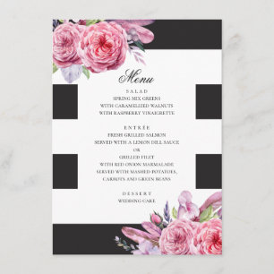 Watercolor pink boho flowers and feathers wedding menu