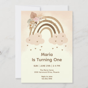Watercolor Pink Boho Rainbow First Birthday Invitation