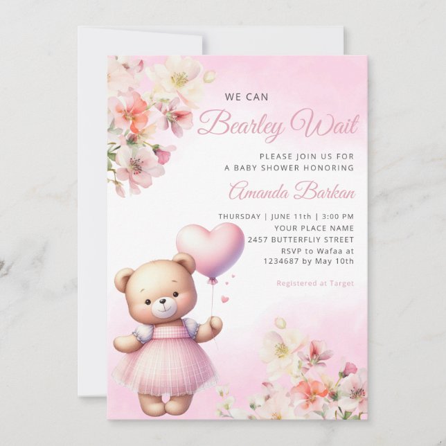 Watercolor Pink Boho Teddy Bear Girl Baby Shower Invitation (Front)