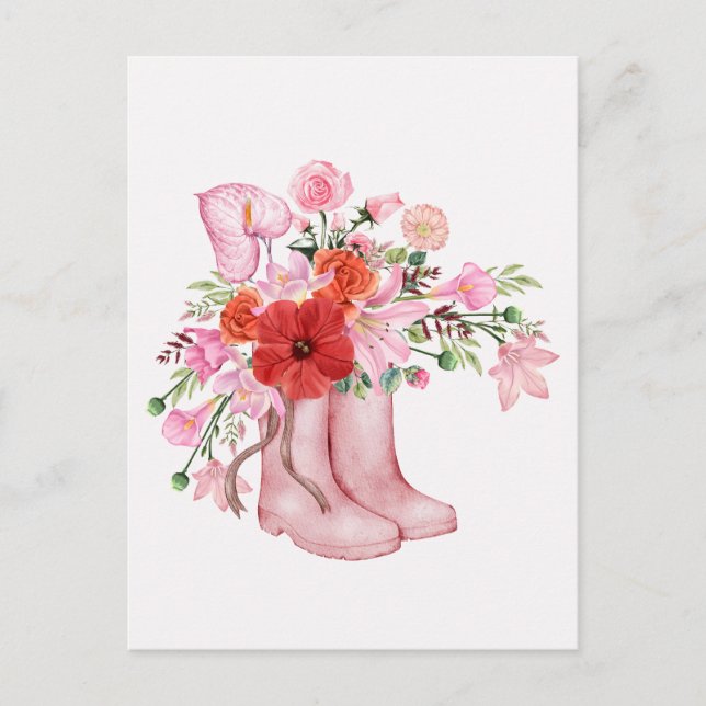 Watercolor pink boots floral bouquet art postcard (Front)
