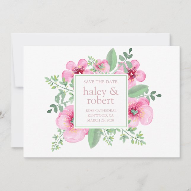 Watercolor Pink Botanical Save the Date (Front)