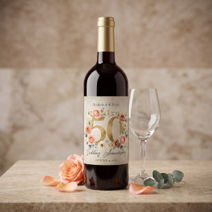 Watercolor Pink Bouquet Gold 50th Anniversary Wine Label