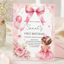 Watercolor Pink Bow Baby Girl Birthday Invitation 