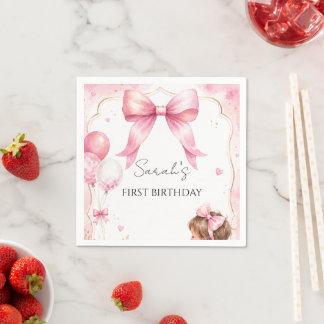 Watercolor Pink Bow Baby Girl Birthday  Napkin