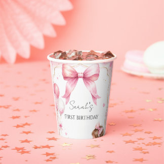 Watercolor Pink Bow Baby Girl Birthday  Paper Cups