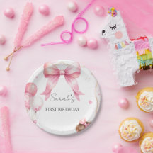 Watercolor Pink Bow Baby Girl Birthday 