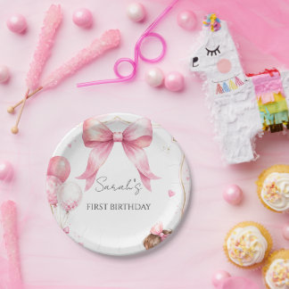 Watercolor Pink Bow Baby Girl Birthday  Paper Plate