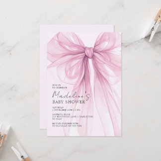Watercolor Pink Bow Baby Girl Shower Invitation