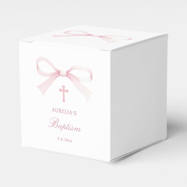 Watercolor Pink Bow Baptism Cube Favor Box (Front Side)