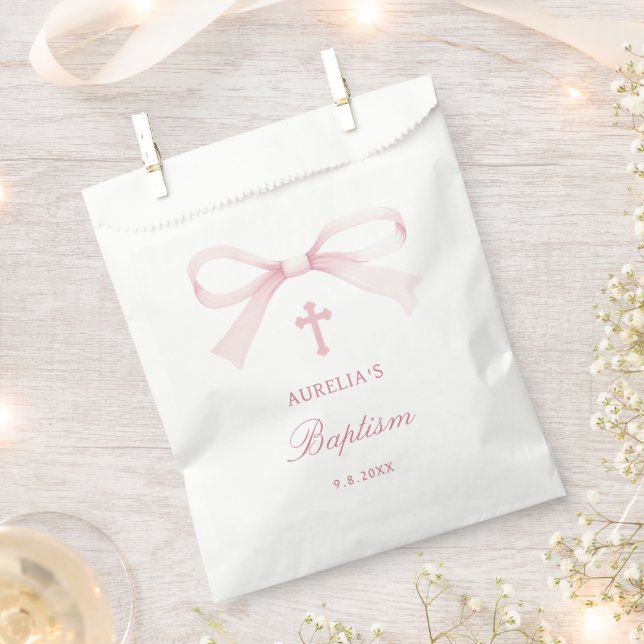 Watercolor Pink Bow Baptism Favour Bag (Clipped)