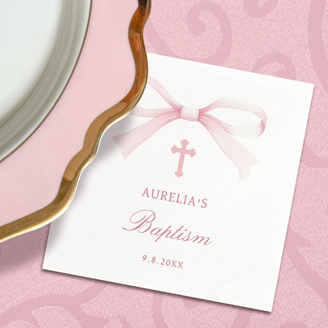 Watercolor Pink Bow Baptism Napkin (Creator Uploaded)