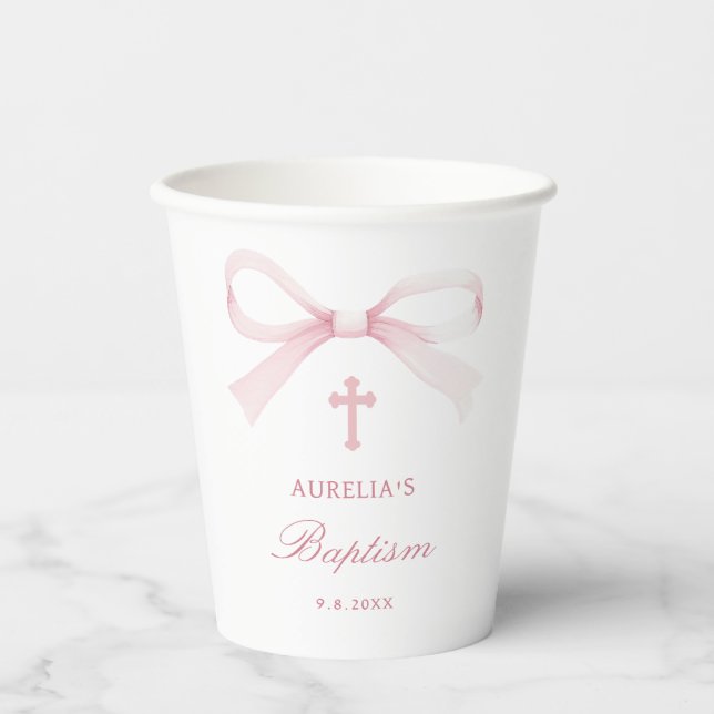 Watercolor Pink Bow Baptism Paper Cups (Front)