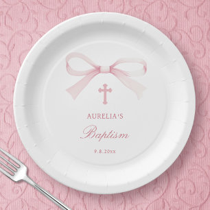 Watercolor Pink Bow Baptism Paper Plate