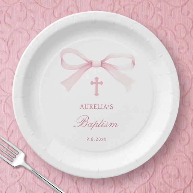 Watercolor Pink Bow Baptism Paper Plate (Creator Uploaded)