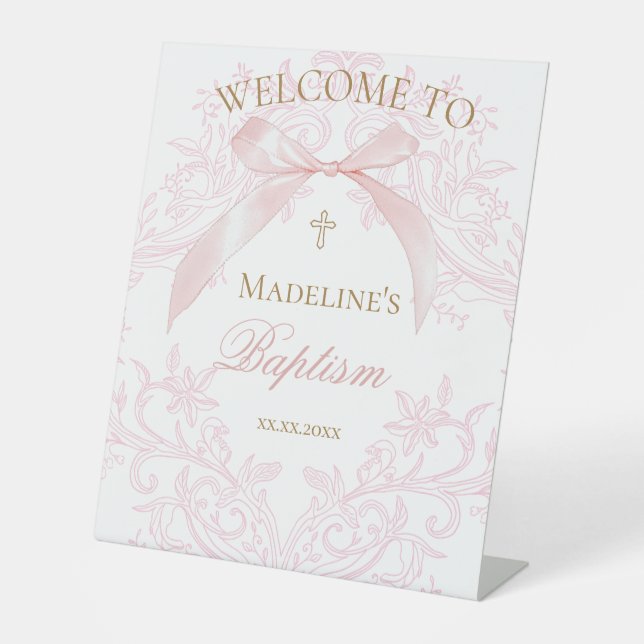  watercolor pink bow Baptism Pedestal Sign (Front)