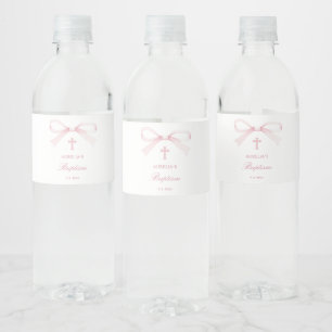 Watercolor Pink Bow Baptism Water Bottle Label
