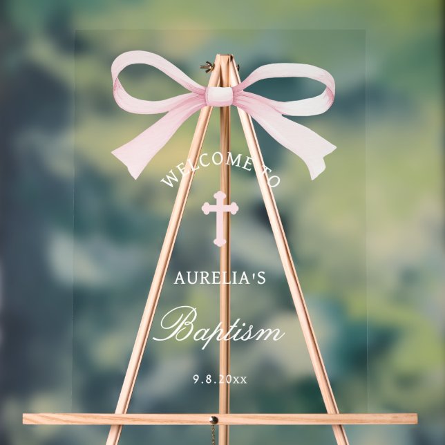 Watercolor Pink Bow Baptism Welcome Acrylic Sign (Neutral)