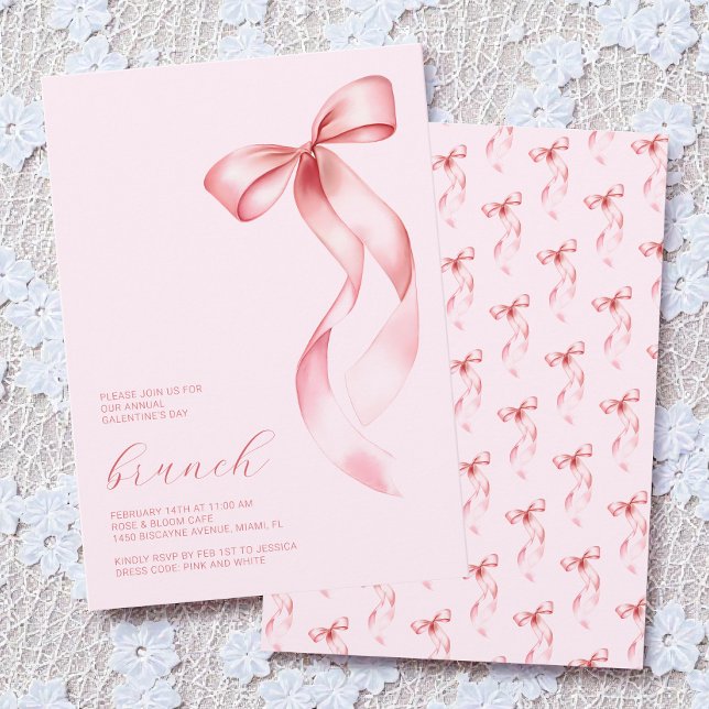 Watercolor Pink Bow Chic Galentine’s Day Brunch Invitation (Watercolor Pink Bow Chic Galentine’s Day Brunch Invitation)