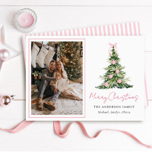 Watercolor Pink Bow Christmas Tree Photo Holiday Card