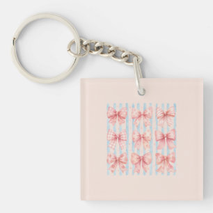 Watercolor Pink Bow Collection Blue Stripe Coquett Keychain