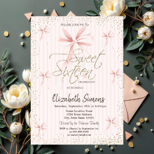 Watercolor Pink Bow Confetti Striped Sweet 16 Invitation