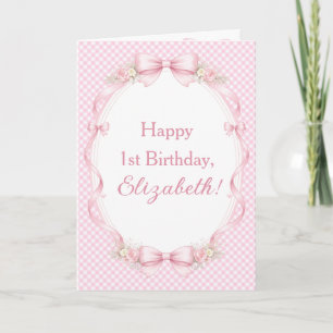 Watercolor Pink Bow Coquette 1st Birthday Greeting Card