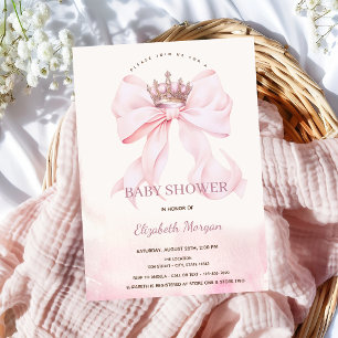 Watercolor Pink Bow Crown Baby Shower Invitation