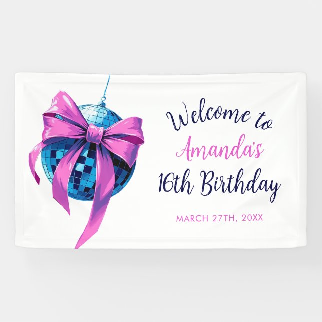 Watercolor Pink Bow Disco Ball Sweet 16 Birthday Banner (Horizontal)