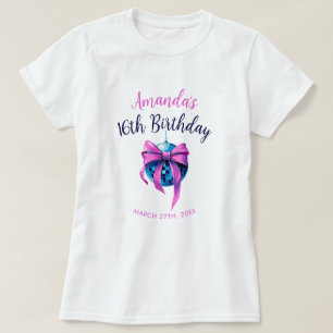 Watercolor Pink Bow Disco Ball Sweet 16 Birthday T-Shirt