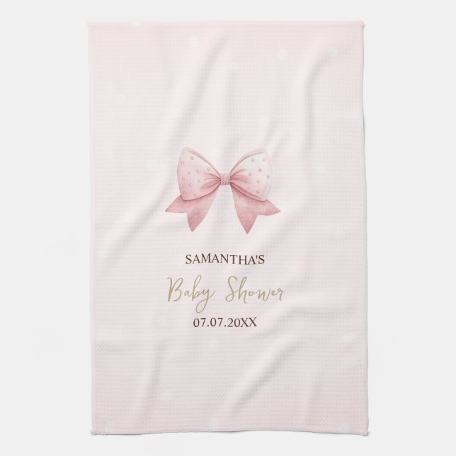 Watercolor Pink Bow Dots Baby Shower Kitchen Towel (Vertical)