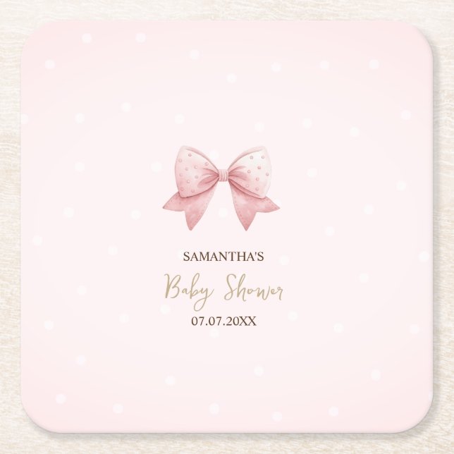 Watercolor Pink Bow Dots Baby Shower Square Paper Coaster (Front)