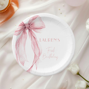 Watercolor Pink Bow First Birthday Girl Paper Plate