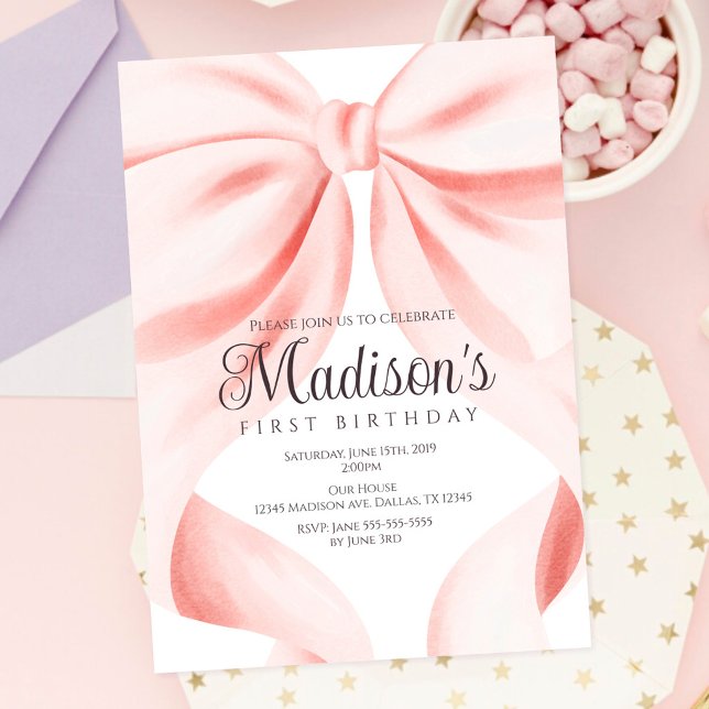 Watercolor Pink Bow First Birthday Invitation (Creator Uploaded)