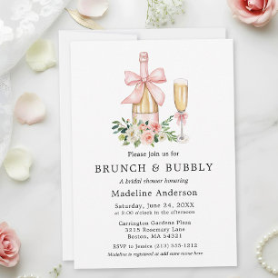 Watercolor Pink Bow Floral Bridal Shower Brunch Invitation
